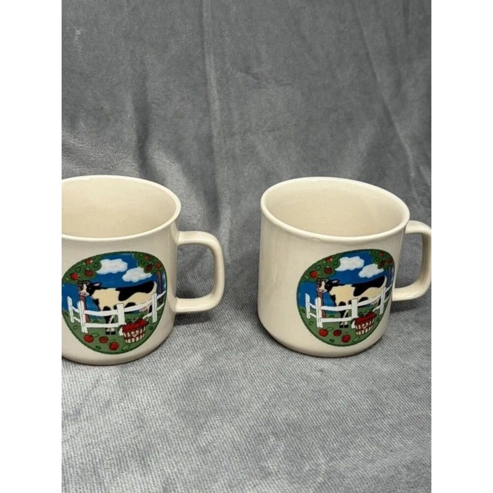 Vintage Gibson Coffee Mugs Black White Cow Fence Apple Trees Set farmhouse